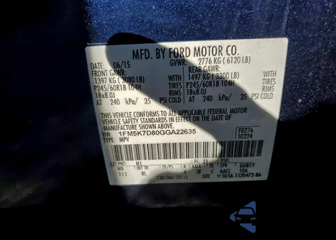 2016 Ford Explorer Xlt из США, поврежденный, VIN 1FM5K7D80GGA22635